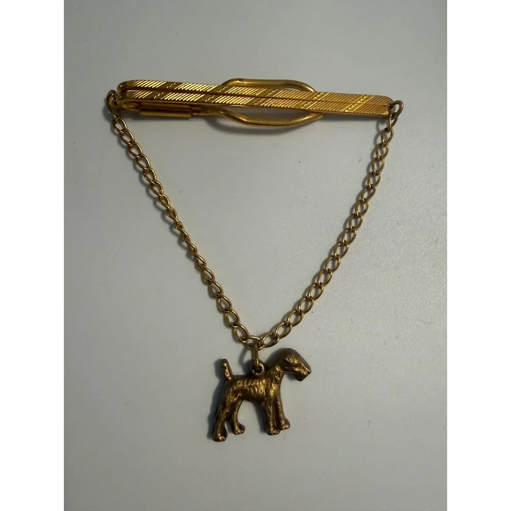 Gold Tone Terrier Dog Charm Tie Clip Etched Bar Men's Accessory